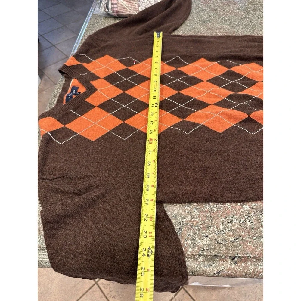 Vintage TOMMY HILFIGER MEN'S‎ PULLOVER Sweater Brown Orange Long Sleeve V-NECK